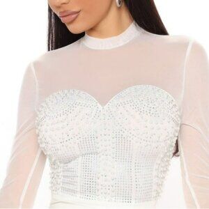 Milk & Honey Sheer Long Sleeve Rhinestone Embellished Cropped Top - Size S
